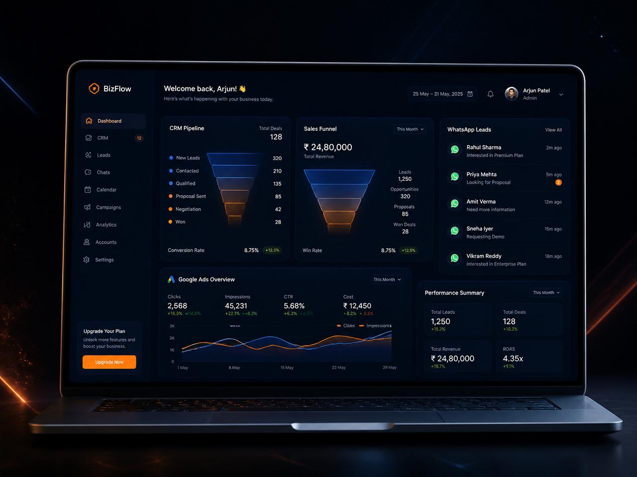 Dashboard VTX com CRM, Google Ads, Meta Ads e WhatsApp